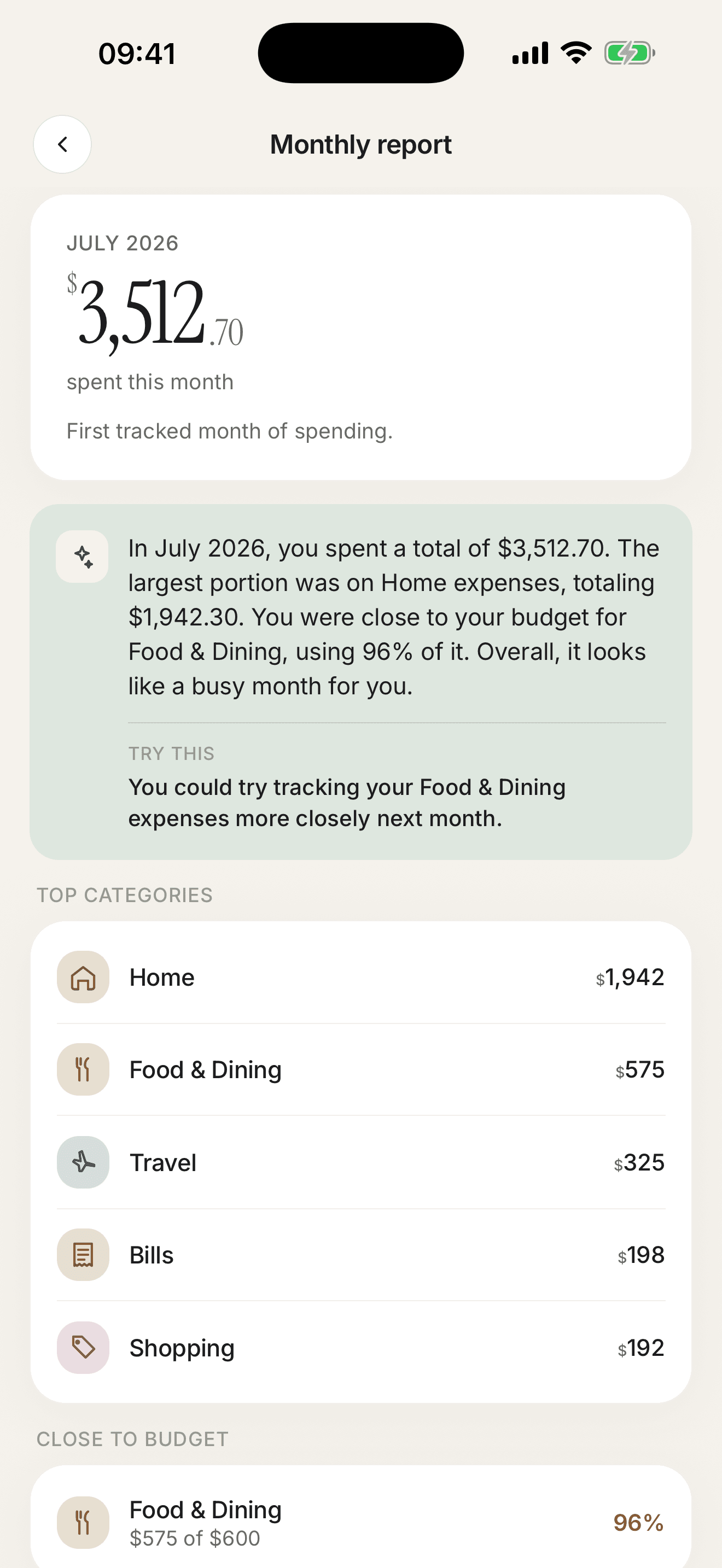 Pockita monthly AI report with totals and a friendly summary