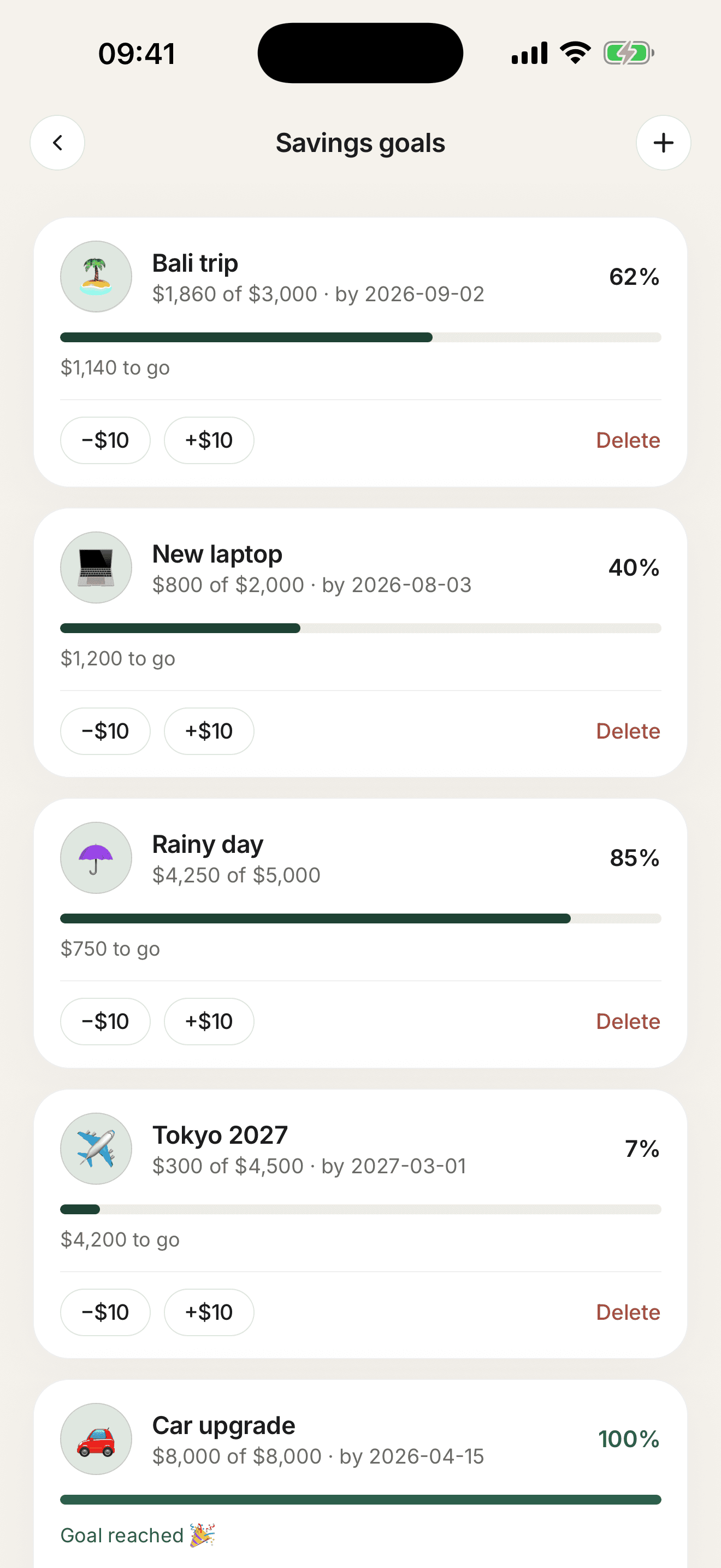 Pockita savings goals with progress bars